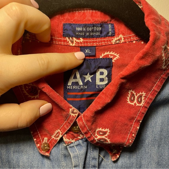Vintage American blue men denim bandana red print long sleeve men button down XL - Picture 3 of 7